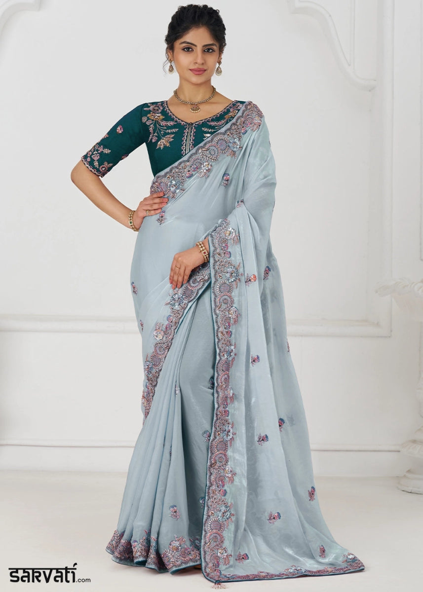 Light Sky Blue Silk Saree With Sequin And Zari work - House of Sarvati LLC