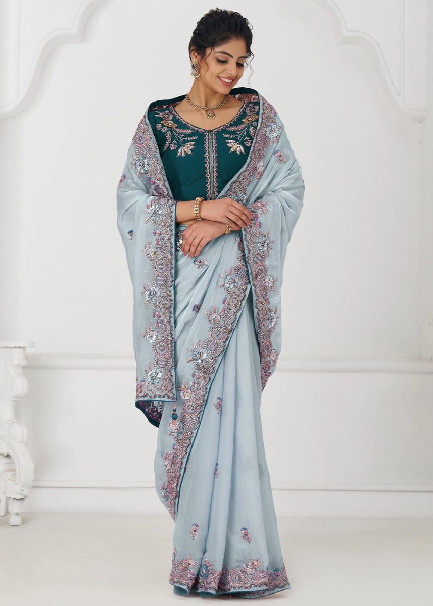 Light Sky Blue Silk Saree With Sequin And Zari work - House of Sarvati LLC