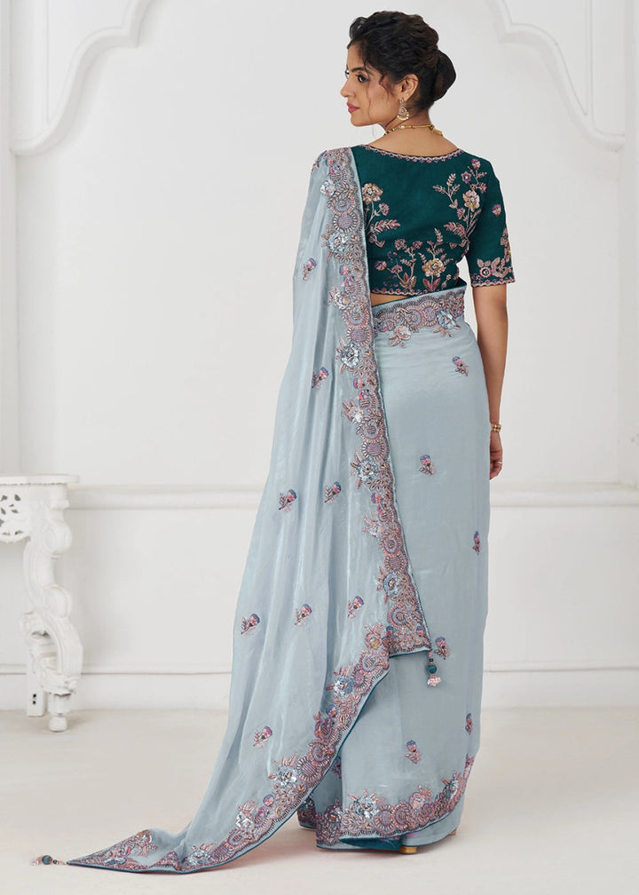 Light Sky Blue Silk Saree With Sequin And Zari work - House of Sarvati LLC