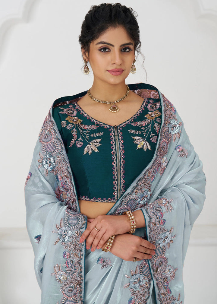 Light Sky Blue Silk Saree With Sequin And Zari work - House of Sarvati LLC