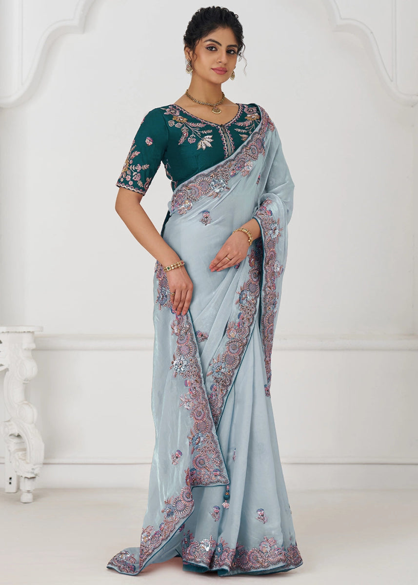 Light Sky Blue Silk Saree With Sequin And Zari work - House of Sarvati LLC