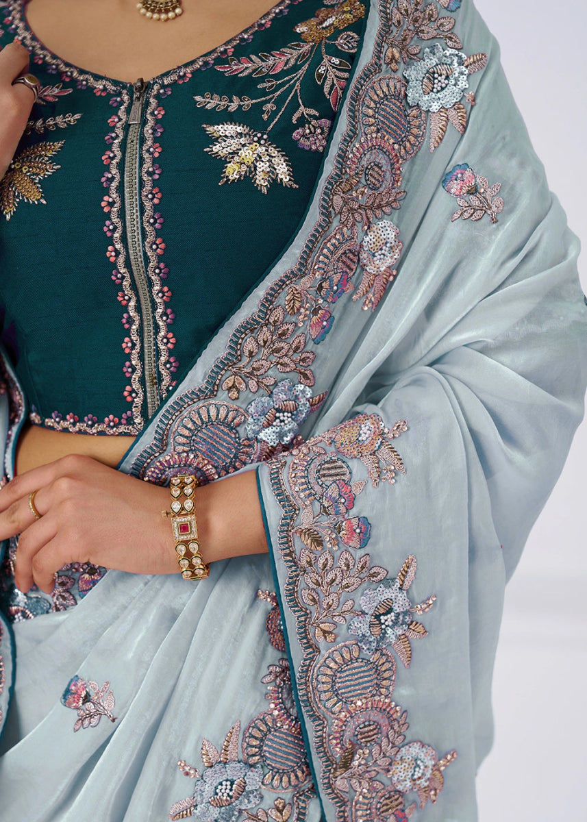 Light Sky Blue Silk Saree With Sequin And Zari work - House of Sarvati LLC