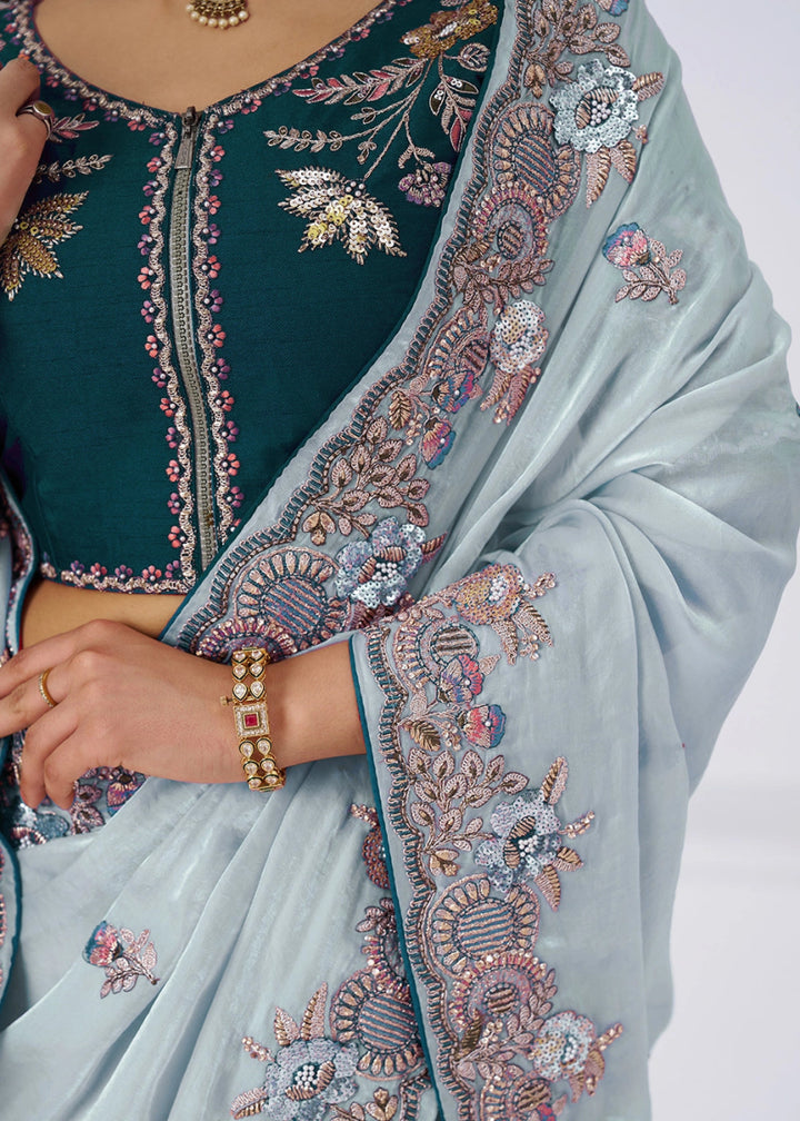 Light Sky Blue Silk Saree With Sequin And Zari work - House of Sarvati LLC
