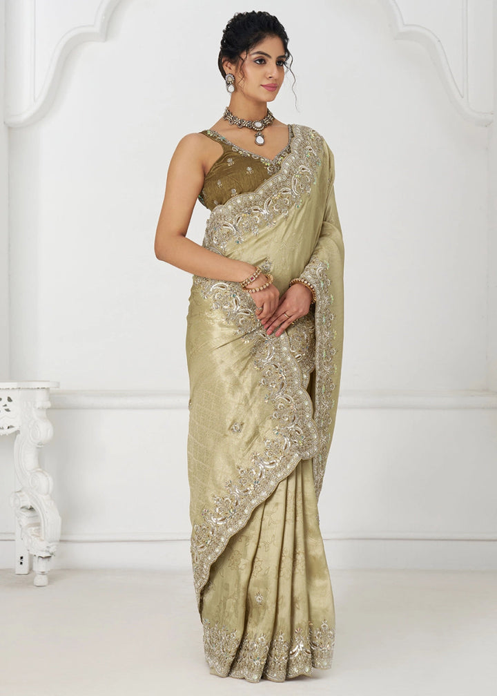 Light Tea Green Viscose Dola Silk Saree With Handcrafted Sequins And Beads Embellishments - House of Sarvati LLC