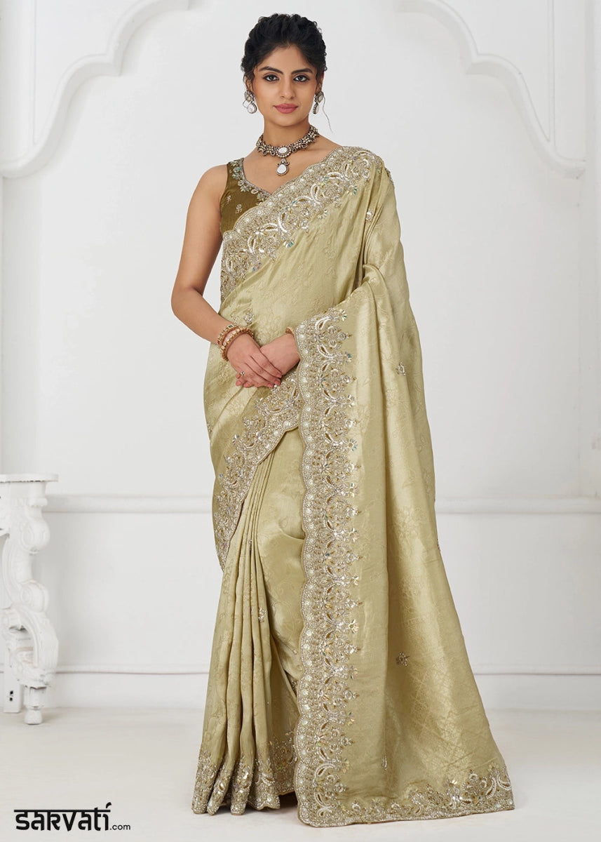 Light Tea Green Viscose Dola Silk Saree With Handcrafted Sequins And Beads Embellishments - House of Sarvati LLC