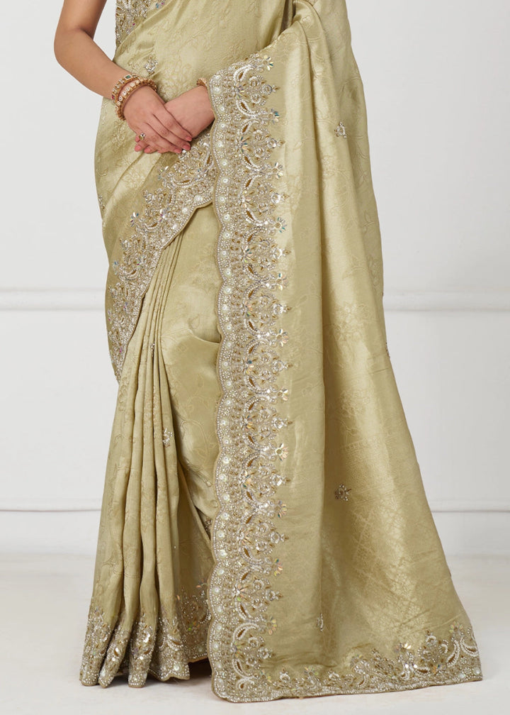 Light Tea Green Viscose Dola Silk Saree With Handcrafted Sequins And Beads Embellishments - House of Sarvati LLC
