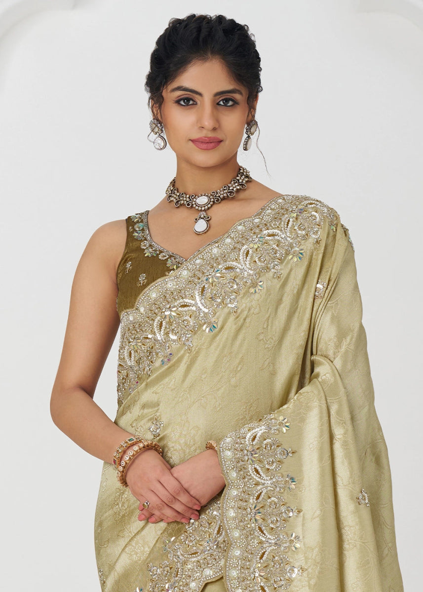 Light Tea Green Viscose Dola Silk Saree With Handcrafted Sequins And Beads Embellishments - House of Sarvati LLC