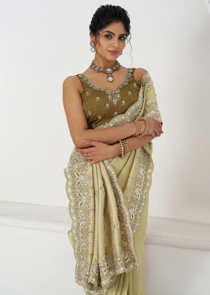 Light Tea Green Viscose Dola Silk Saree With Handcrafted Sequins And Beads Embellishments - House of Sarvati LLC