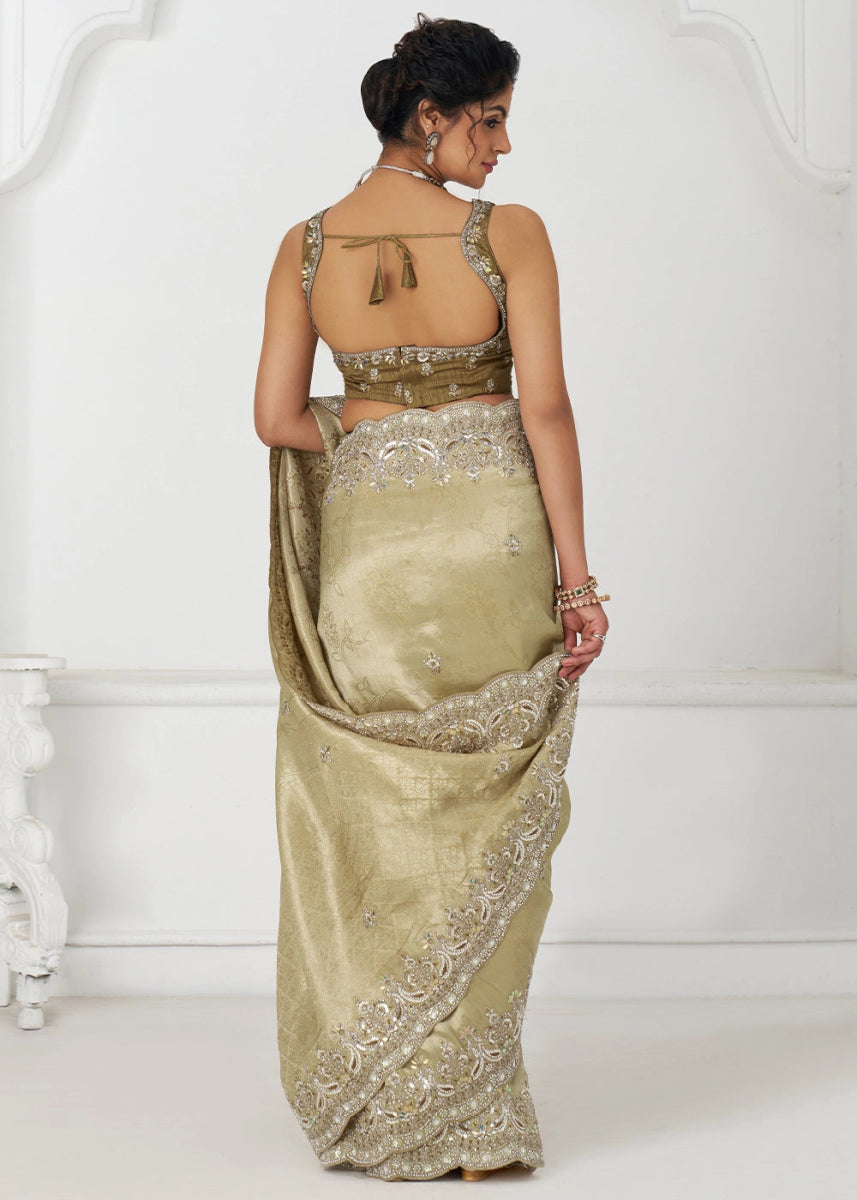 Light Tea Green Viscose Dola Silk Saree With Handcrafted Sequins And Beads Embellishments - House of Sarvati LLC