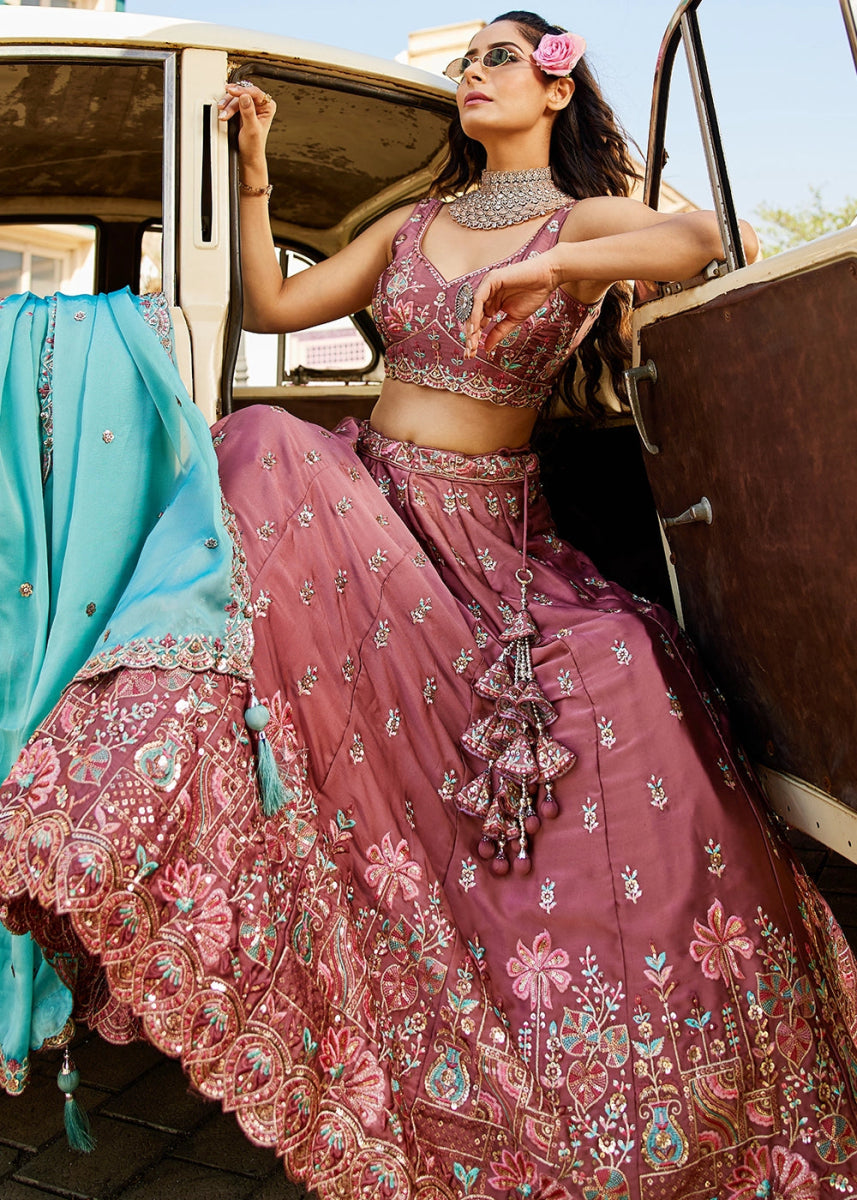 Light Wine Brown Georgette Lehenga Choli with Sequins and Floral Embroidery - House of Sarvati LLC