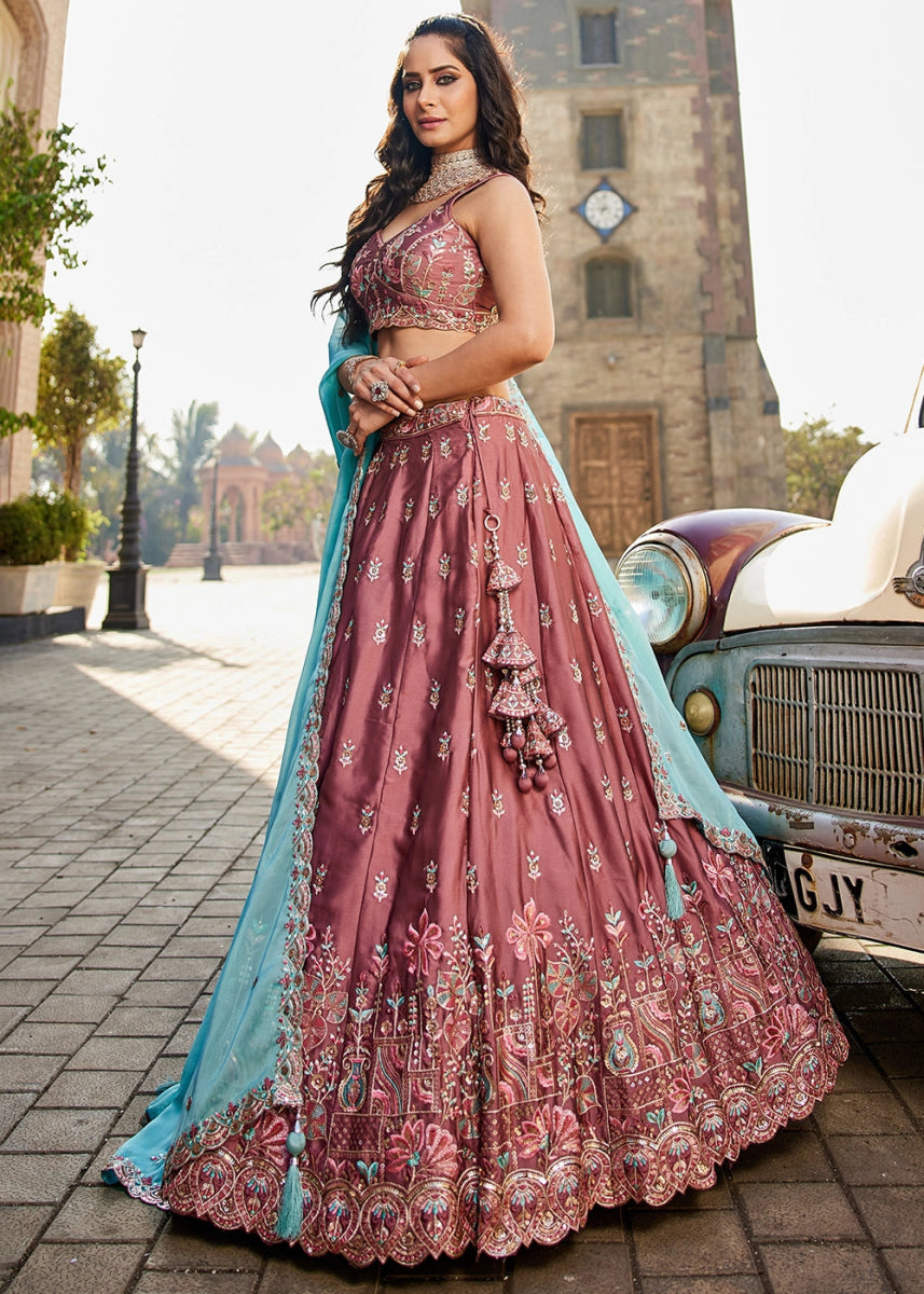 Light Wine Brown Georgette Lehenga Choli with Sequins and Floral Embroidery - House of Sarvati LLC