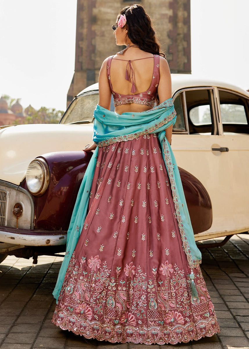 Light Wine Brown Georgette Lehenga Choli with Sequins and Floral Embroidery - House of Sarvati LLC