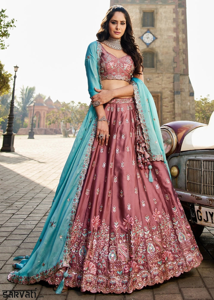 Light Wine Brown Georgette Lehenga Choli with Sequins and Floral Embroidery - House of Sarvati LLC