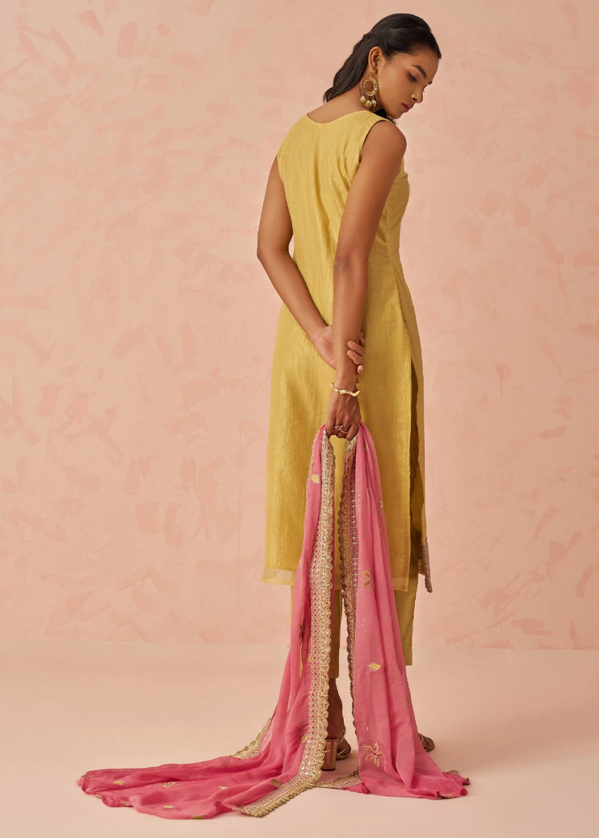 Light Yellow Crush Organza Salwar Suit with Floral Embroidery work - House of Sarvati LLC