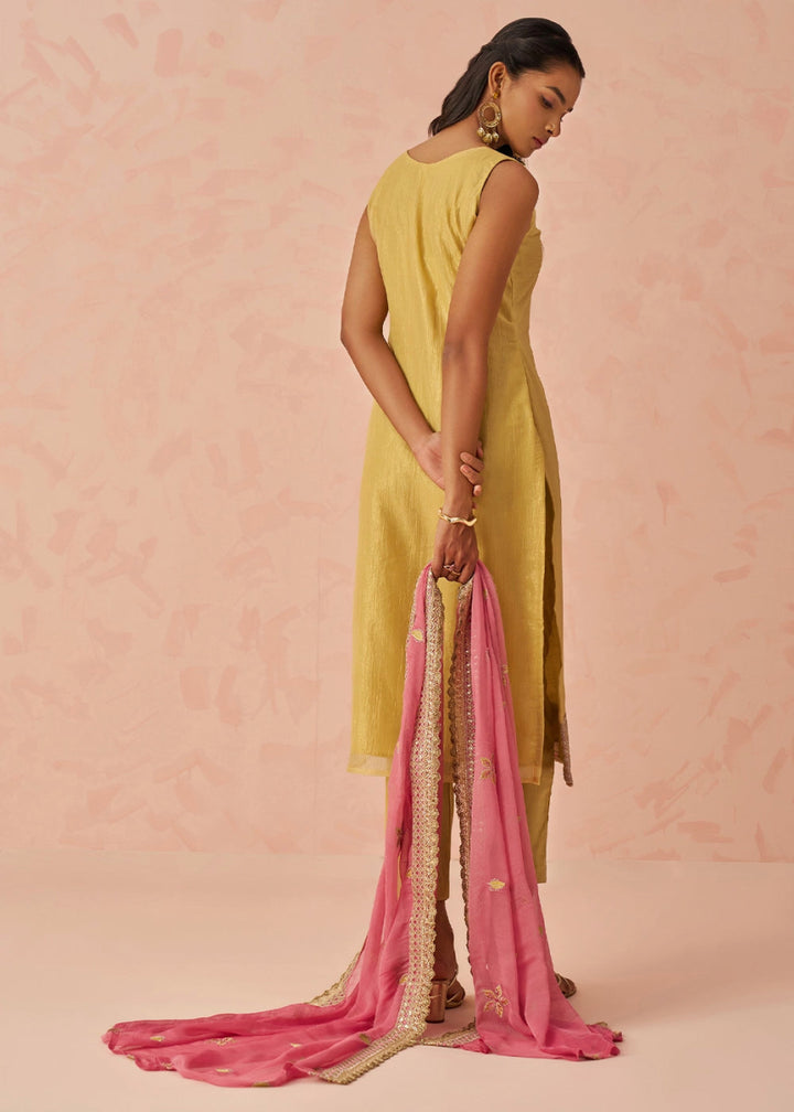 Light Yellow Crush Organza Salwar Suit with Floral Embroidery work - House of Sarvati LLC