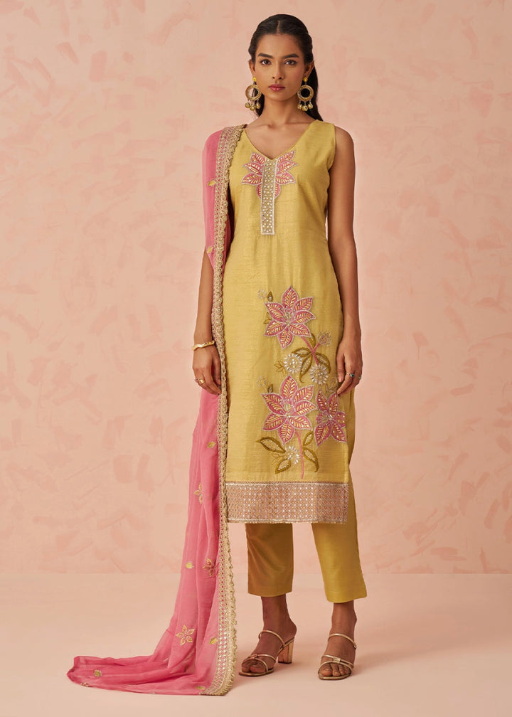 Light Yellow Crush Organza Salwar Suit with Floral Embroidery work - House of Sarvati LLC