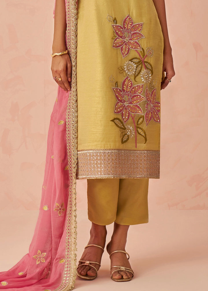 Light Yellow Crush Organza Salwar Suit with Floral Embroidery work - House of Sarvati LLC
