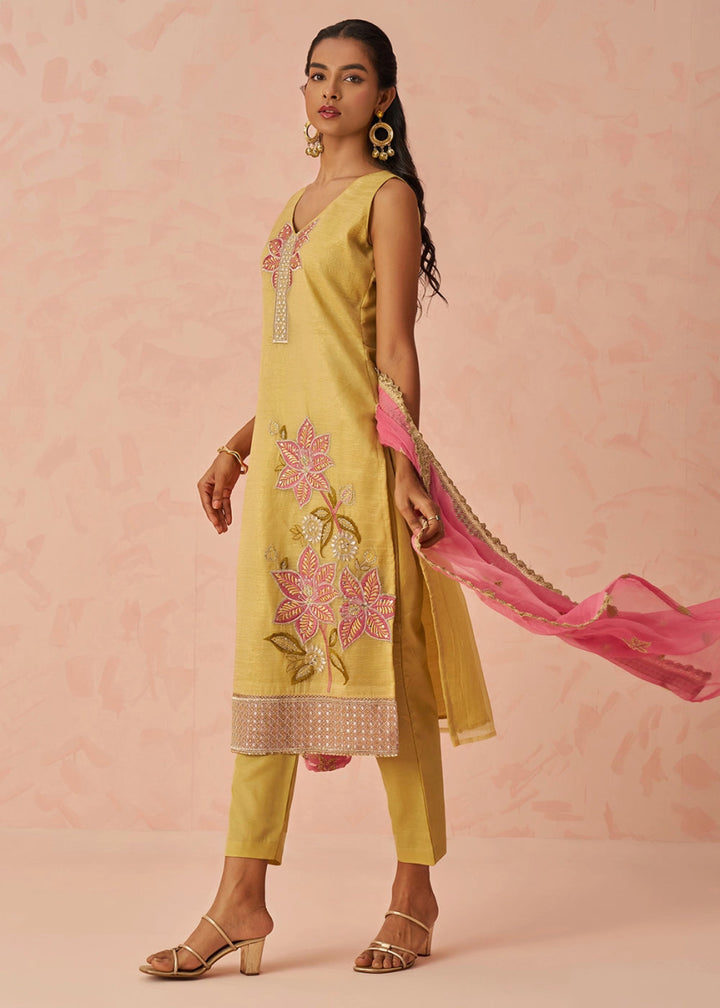 Light Yellow Crush Organza Salwar Suit with Floral Embroidery work - House of Sarvati LLC