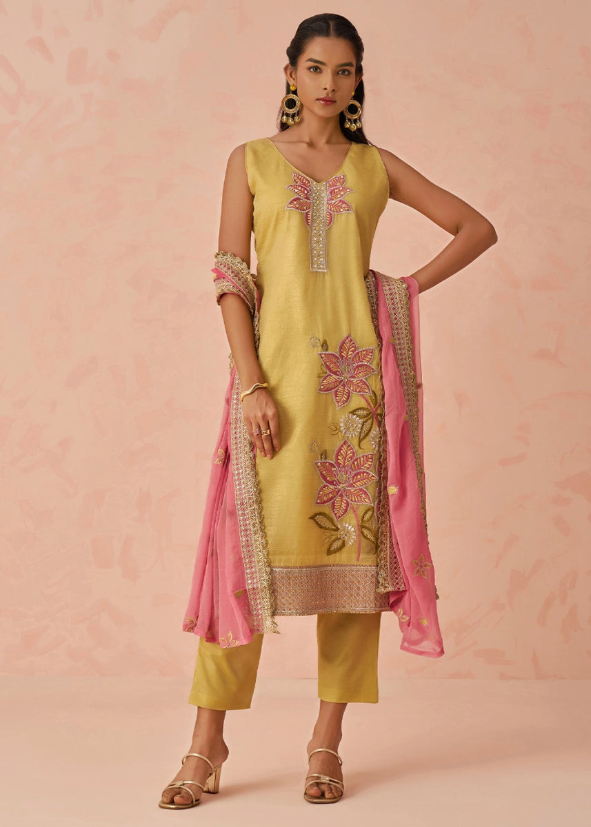 Light Yellow Crush Organza Salwar Suit with Floral Embroidery work - House of Sarvati LLC
