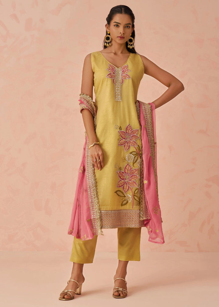 Light Yellow Crush Organza Salwar Suit with Floral Embroidery work - House of Sarvati LLC