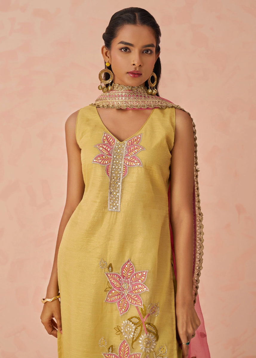 Light Yellow Crush Organza Salwar Suit with Floral Embroidery work - House of Sarvati LLC