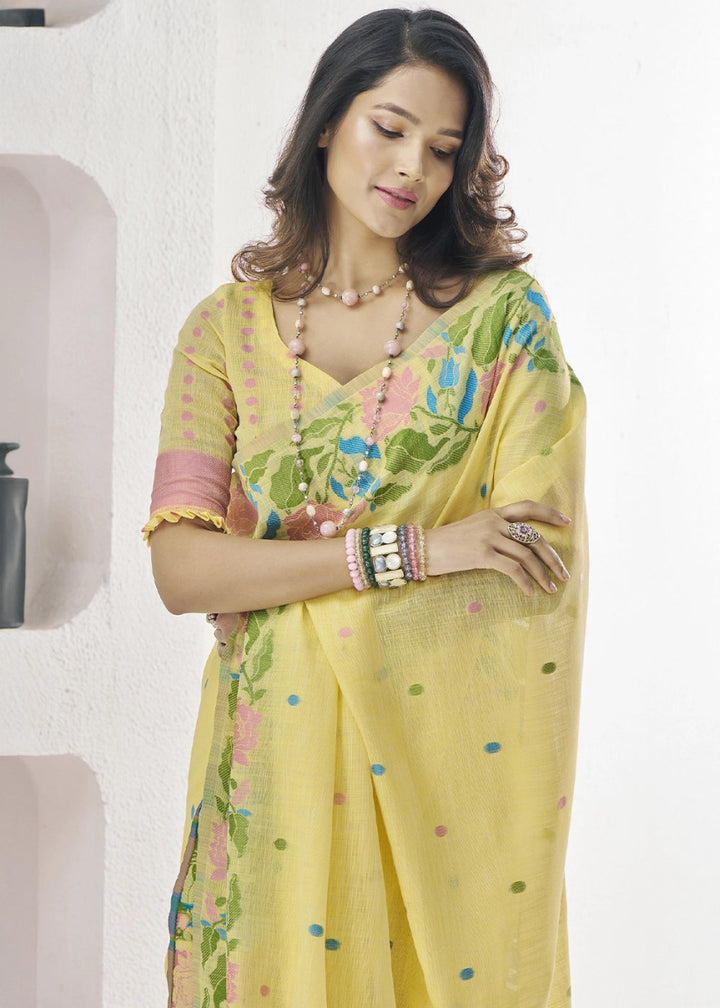 Light Yellow Linen Silk Saree with Delicate Floral Designs - House of Sarvati LLC