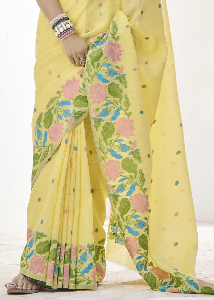 Light Yellow Linen Silk Saree with Delicate Floral Designs - House of Sarvati LLC