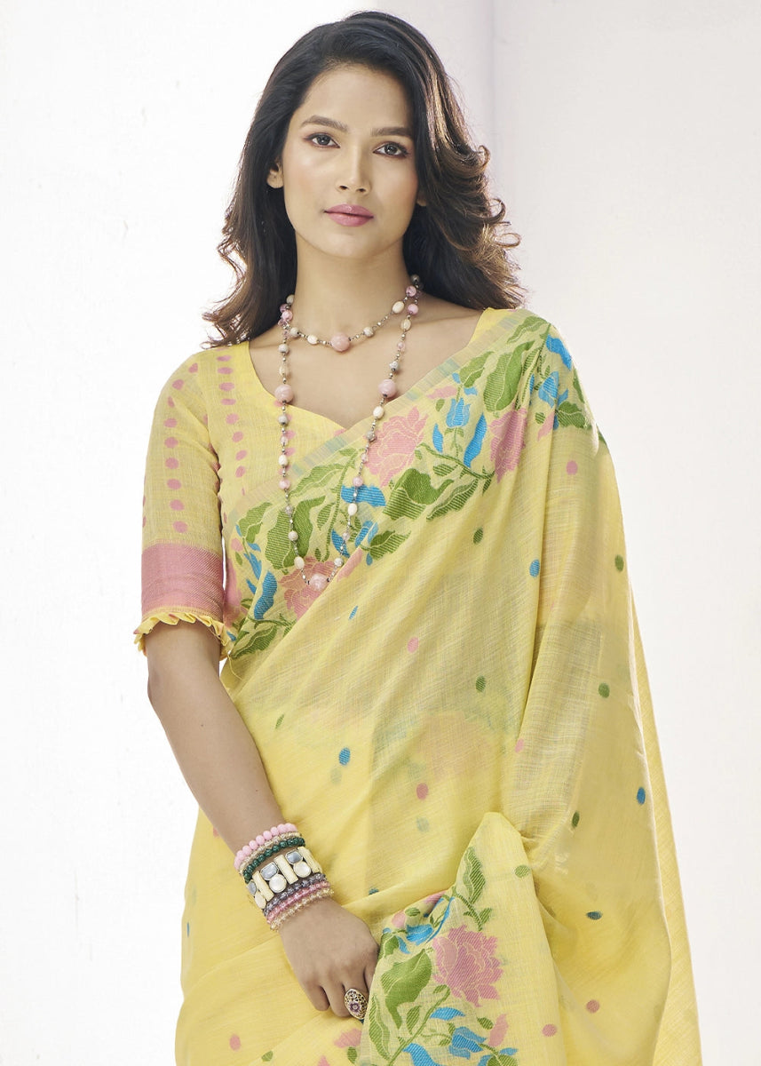 Light Yellow Linen Silk Saree with Delicate Floral Designs - House of Sarvati LLC