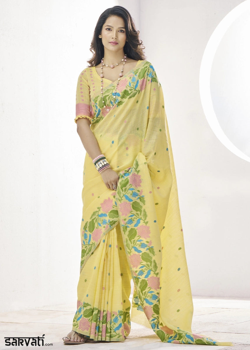 Light Yellow Linen Silk Saree with Delicate Floral Designs - House of Sarvati LLC