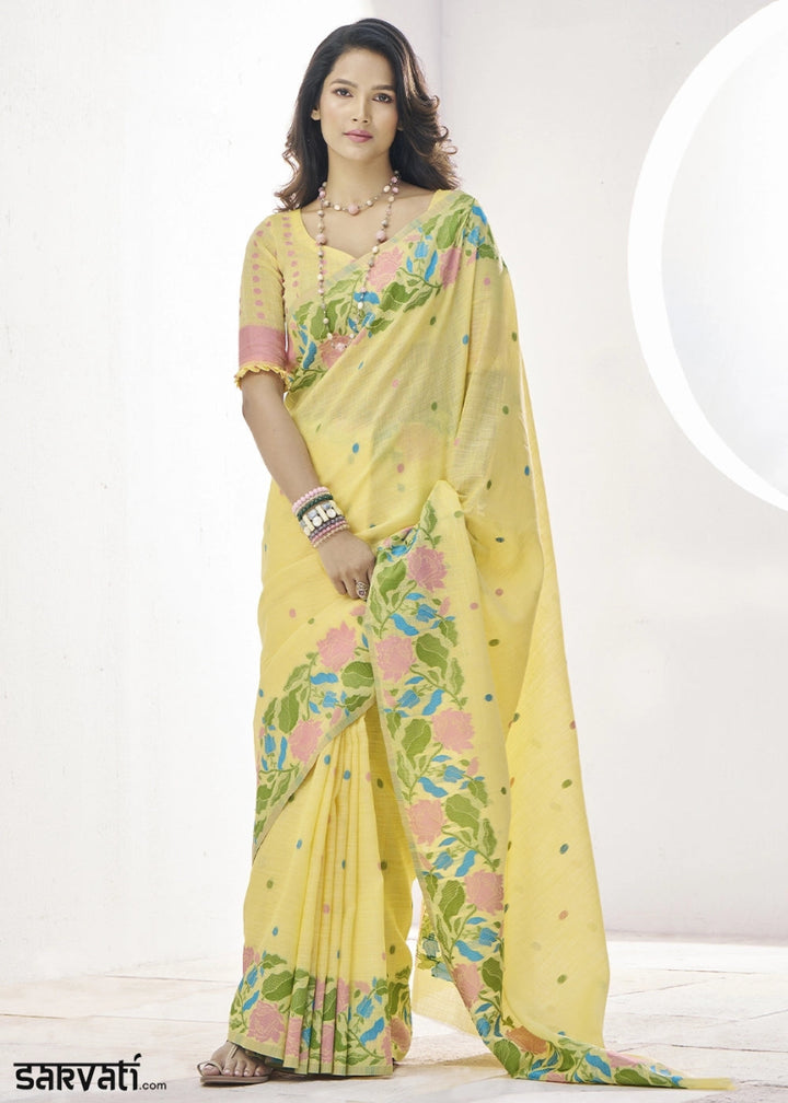Light Yellow Linen Silk Saree with Delicate Floral Designs - House of Sarvati LLC