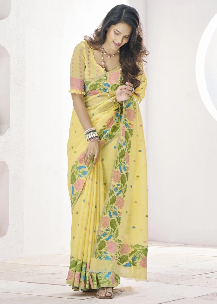 Light Yellow Linen Silk Saree with Delicate Floral Designs - House of Sarvati LLC