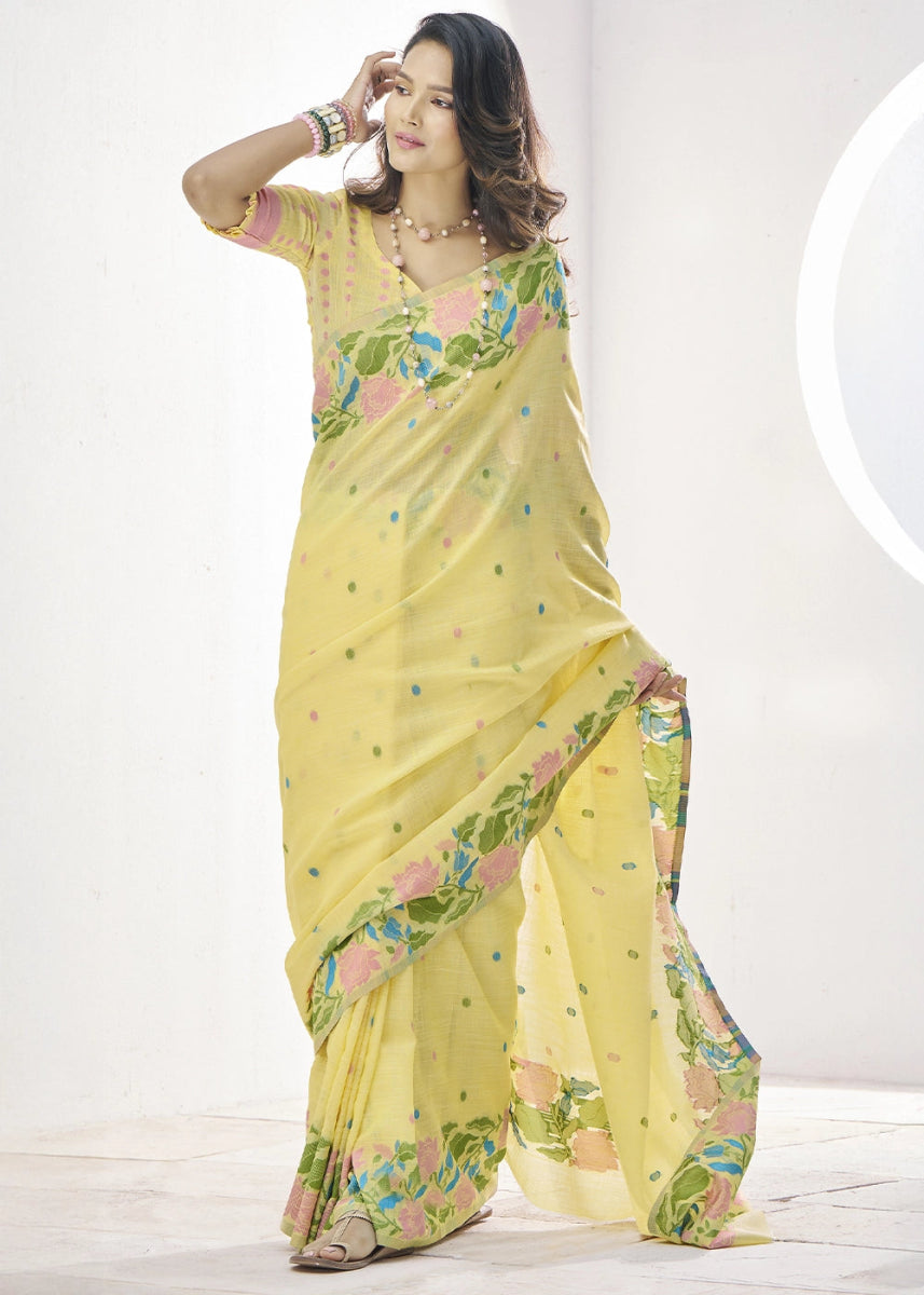Light Yellow Linen Silk Saree with Delicate Floral Designs - House of Sarvati LLC