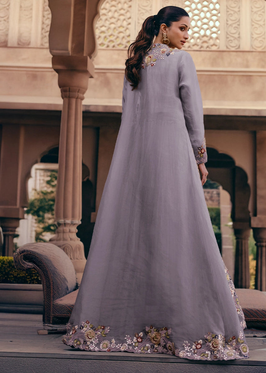 Lilac Purple Chinon Silk Skirt and Top Set with Flowing Organza Jacket - House of Sarvati LLC