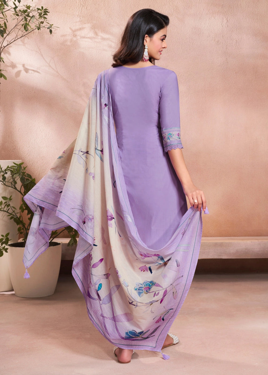 Lilac Purple Cotton Suit with Beautiful Floral Threadwork - House of Sarvati LLC