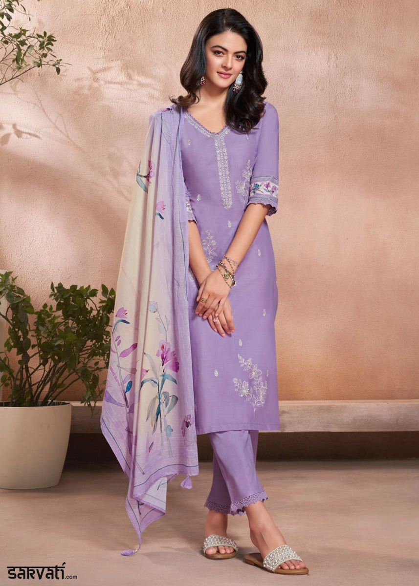 Lilac Purple Cotton Suit with Beautiful Floral Threadwork - House of Sarvati LLC