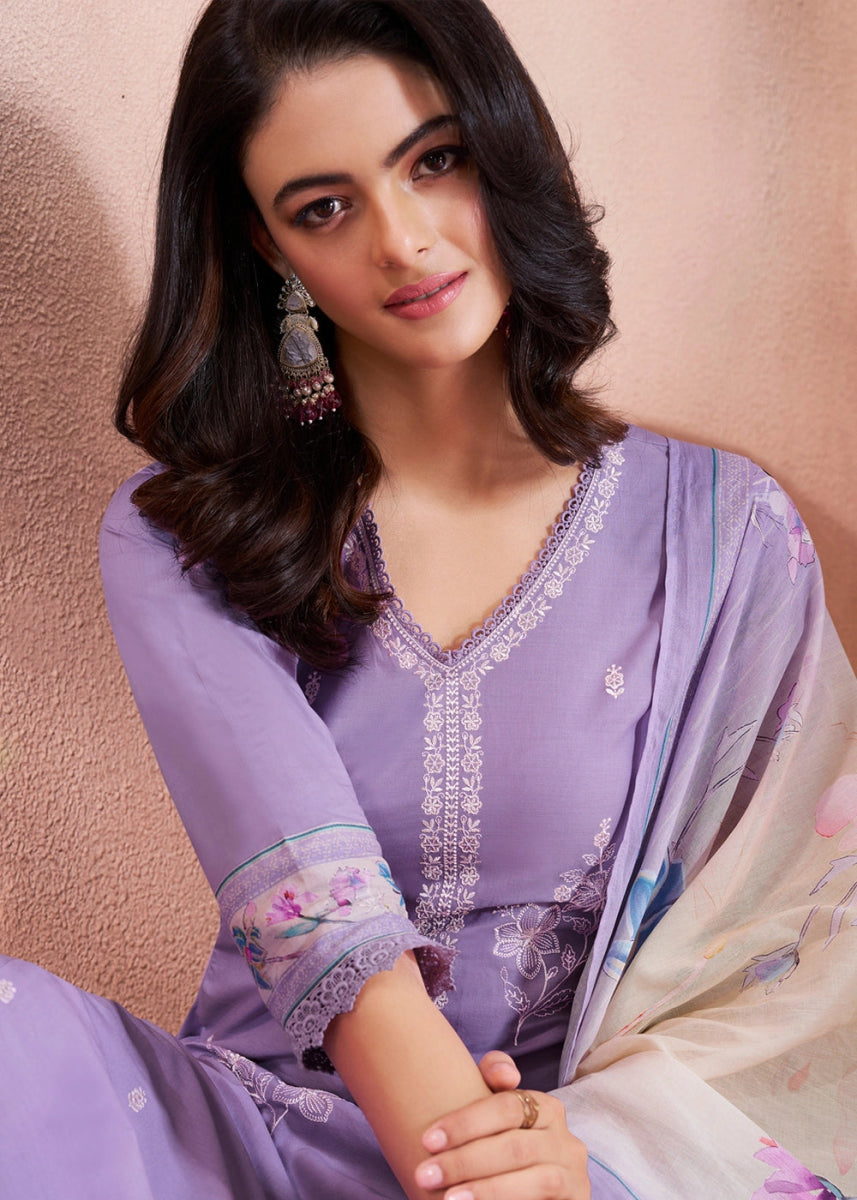 Lilac Purple Cotton Suit with Beautiful Floral Threadwork - House of Sarvati LLC