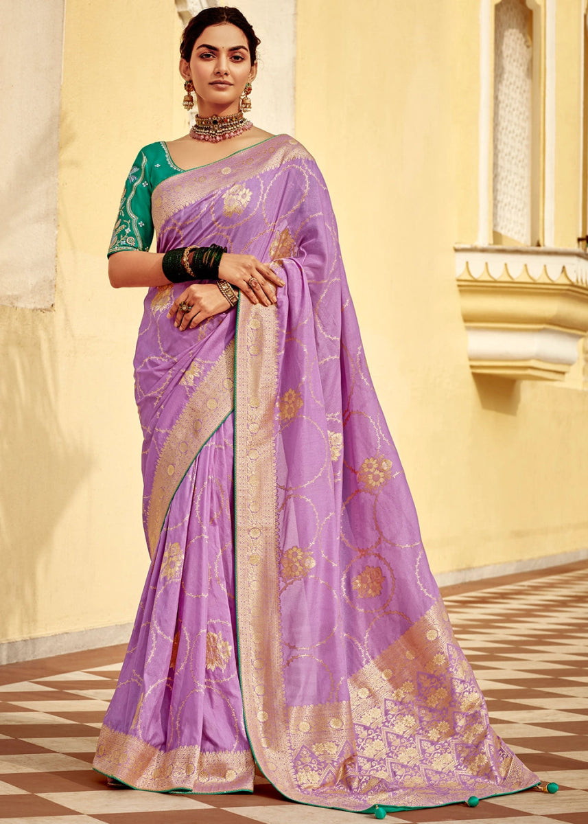 Lilac Purple Dola Silk Saree with Intricate Weaving & Embroidered Blouse - House of Sarvati LLC