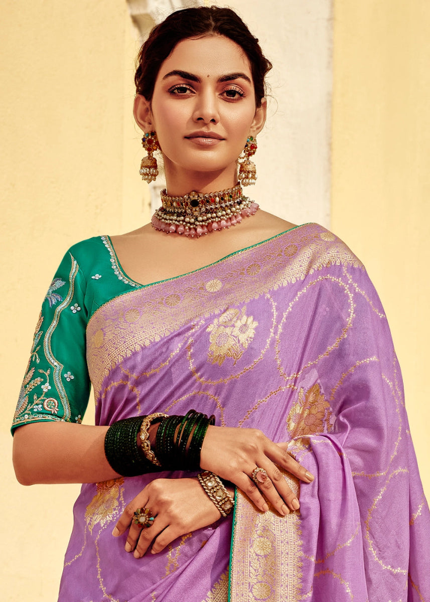Lilac Purple Dola Silk Saree with Intricate Weaving & Embroidered Blouse - House of Sarvati LLC