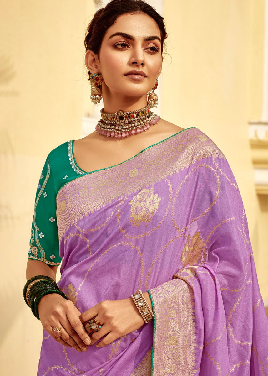 Lilac Purple Dola Silk Saree with Intricate Weaving & Embroidered Blouse - House of Sarvati LLC