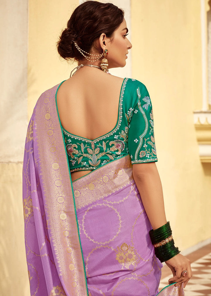 Lilac Purple Dola Silk Saree with Intricate Weaving & Embroidered Blouse - House of Sarvati LLC