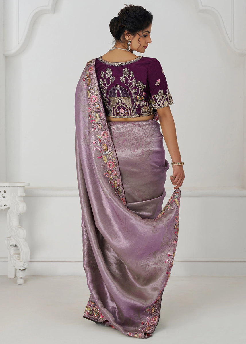 Lilac Purple Embroidered Viscose Dola Silk Saree With Sequin And Multi Thread Accents - House of Sarvati LLC