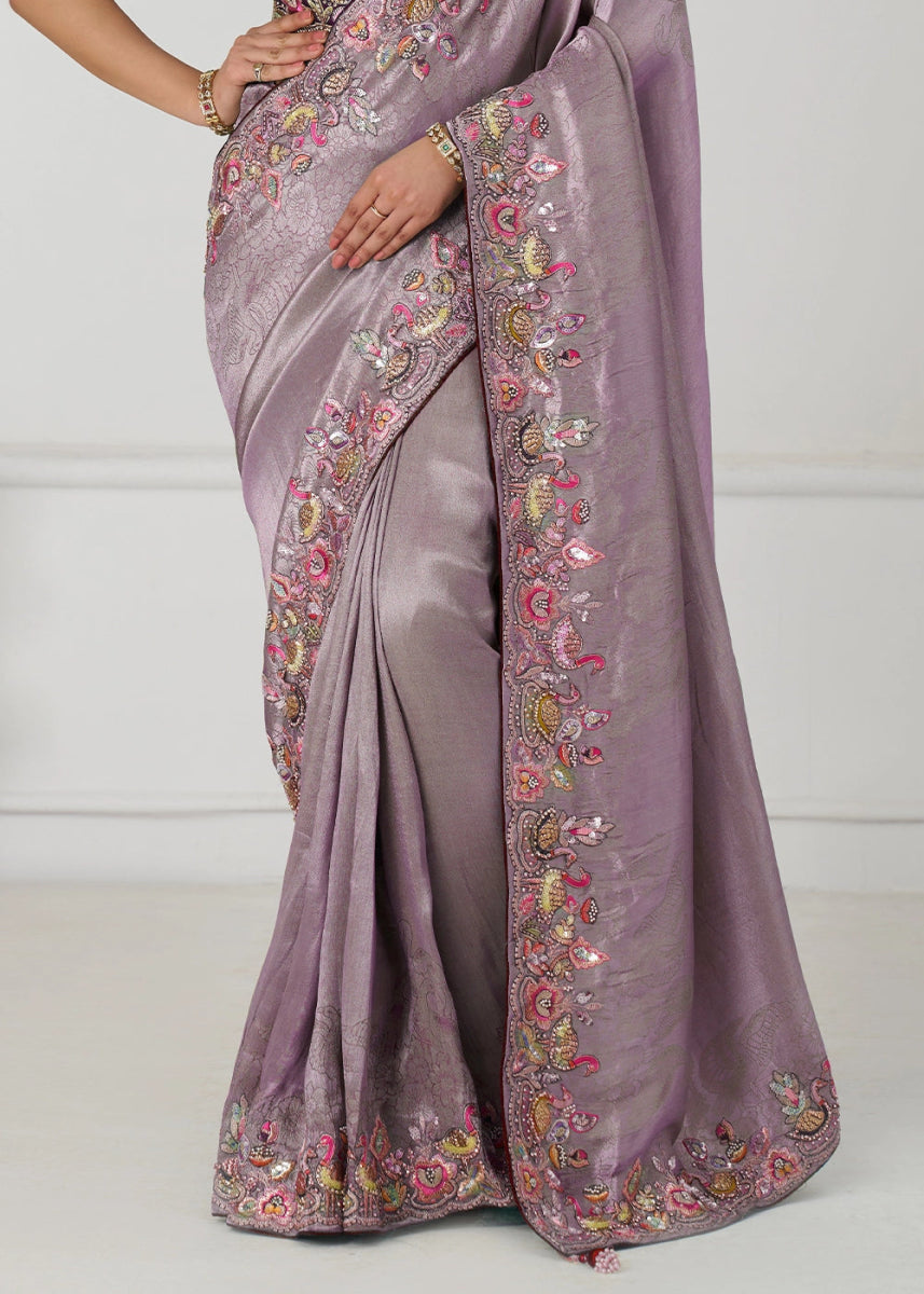 Lilac Purple Embroidered Viscose Dola Silk Saree With Sequin And Multi Thread Accents - House of Sarvati LLC