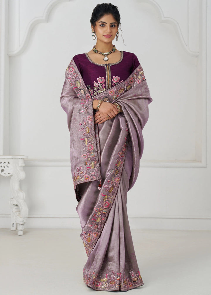Lilac Purple Embroidered Viscose Dola Silk Saree With Sequin And Multi Thread Accents - House of Sarvati LLC