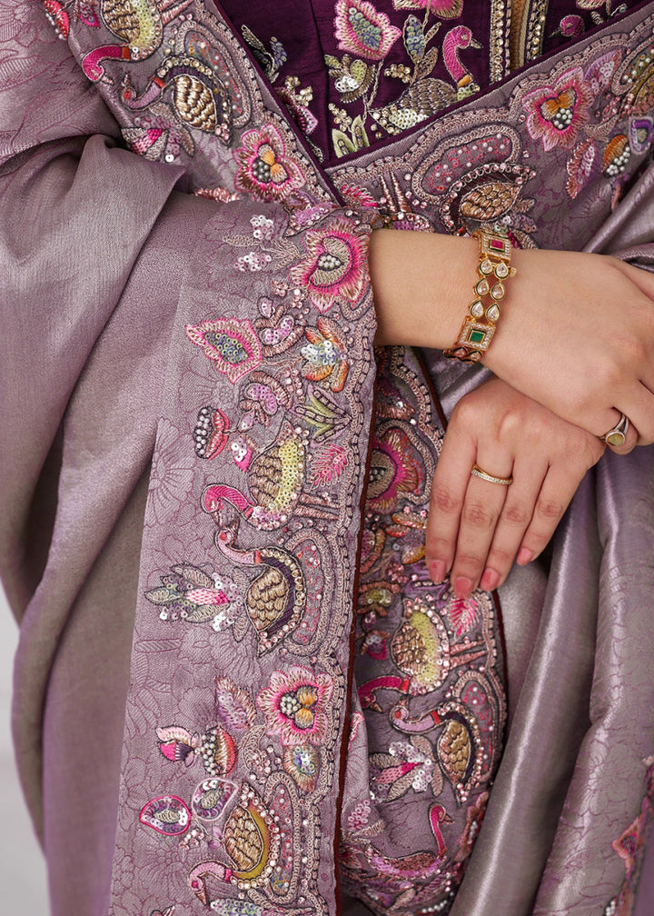 Lilac Purple Embroidered Viscose Dola Silk Saree With Sequin And Multi Thread Accents - House of Sarvati LLC