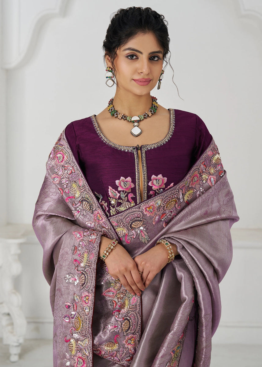 Lilac Purple Embroidered Viscose Dola Silk Saree With Sequin And Multi Thread Accents - House of Sarvati LLC