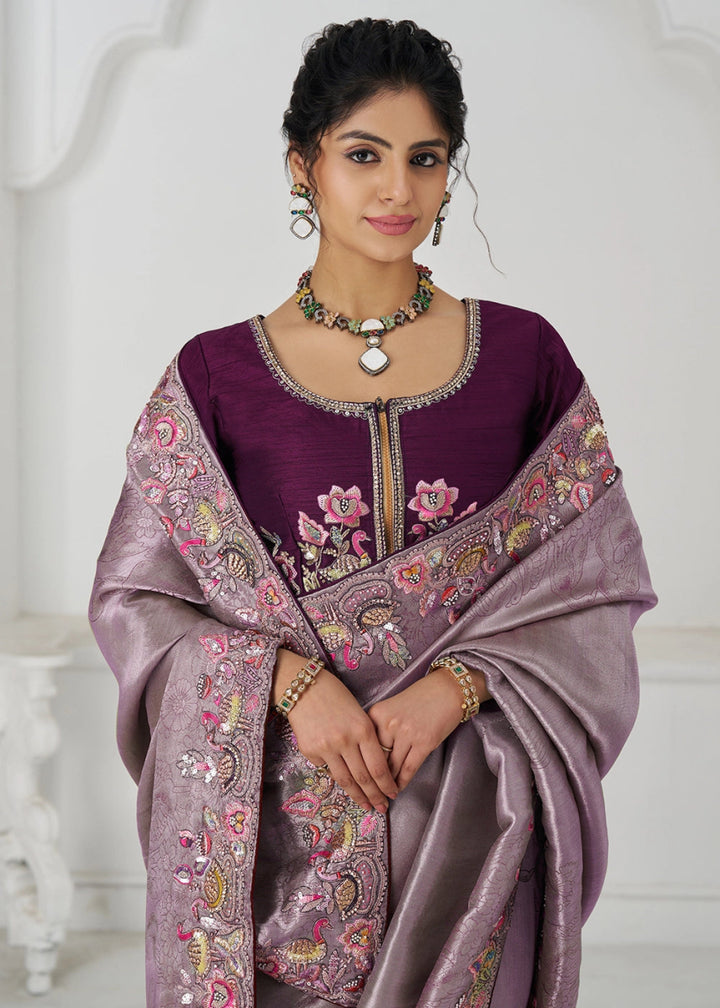 Lilac Purple Embroidered Viscose Dola Silk Saree With Sequin And Multi Thread Accents - House of Sarvati LLC