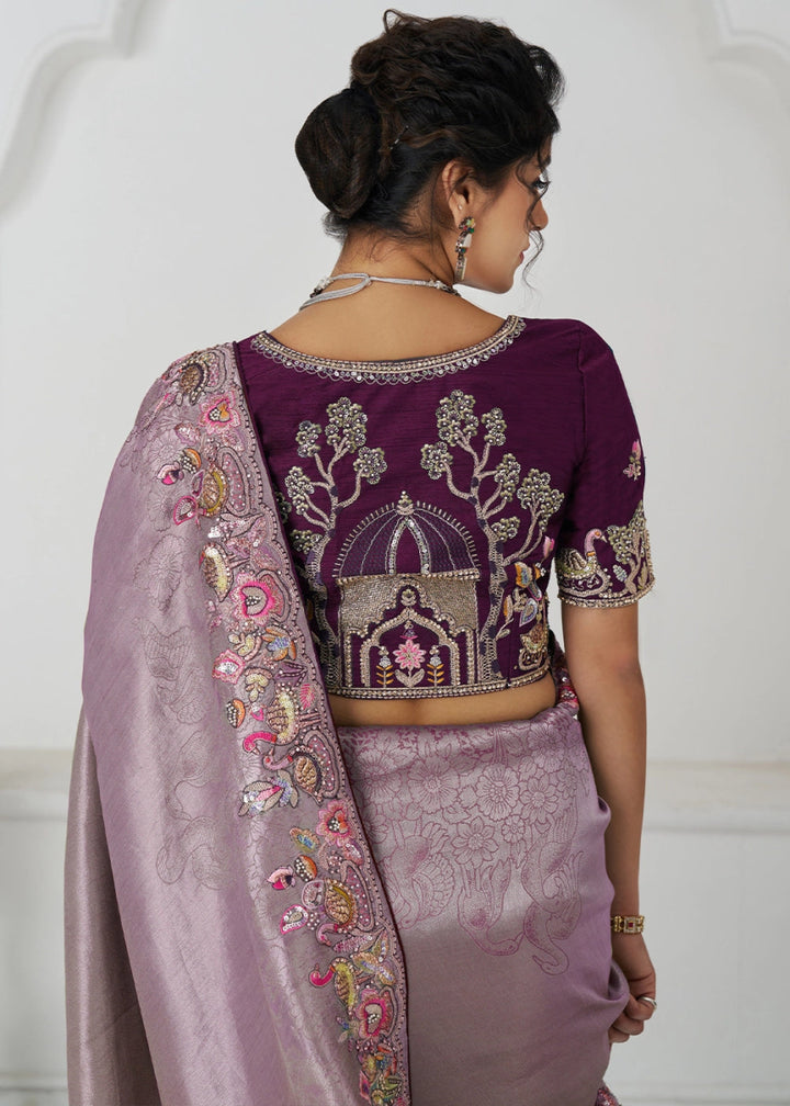 Lilac Purple Embroidered Viscose Dola Silk Saree With Sequin And Multi Thread Accents - House of Sarvati LLC