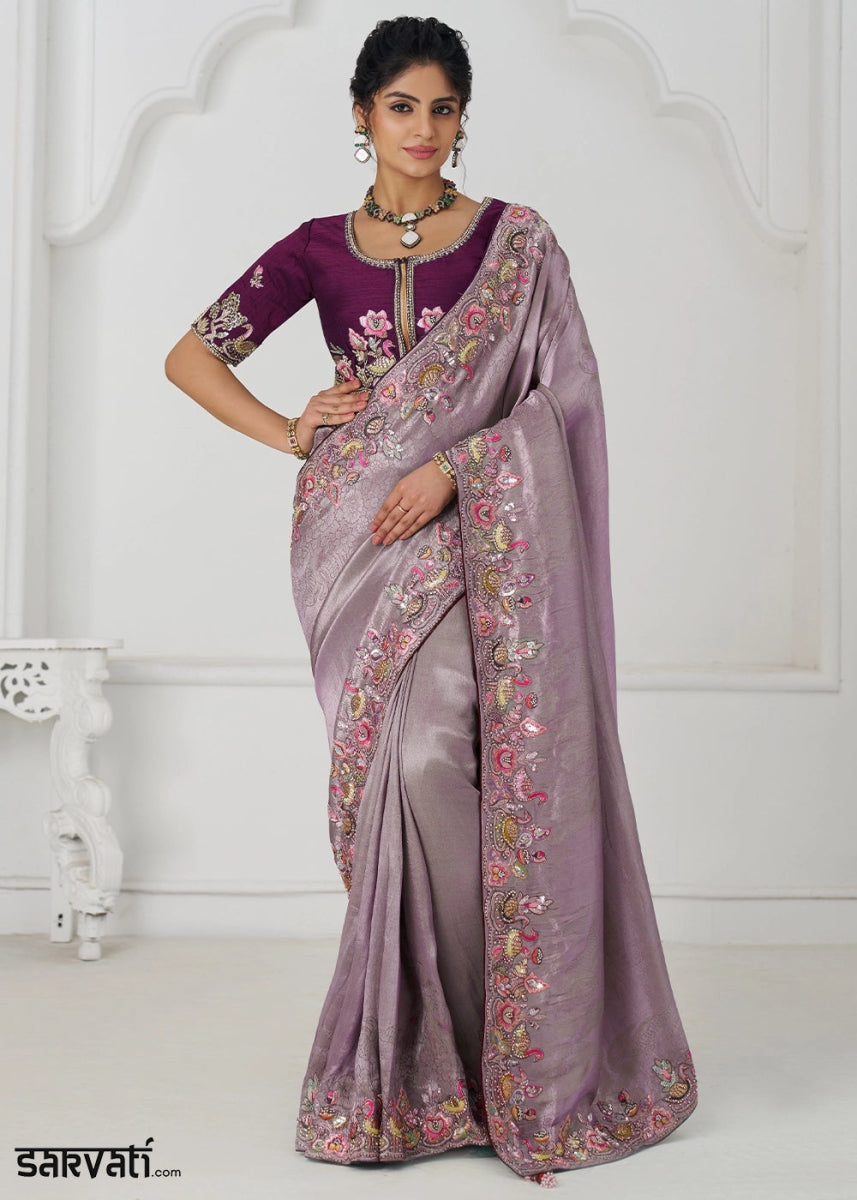 Lilac Purple Embroidered Viscose Dola Silk Saree With Sequin And Multi Thread Accents - House of Sarvati LLC