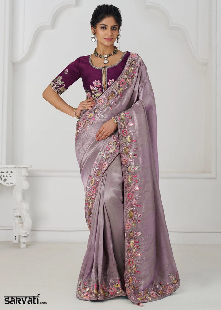 Lilac Purple Embroidered Viscose Dola Silk Saree With Sequin And Multi Thread Accents - House of Sarvati LLC