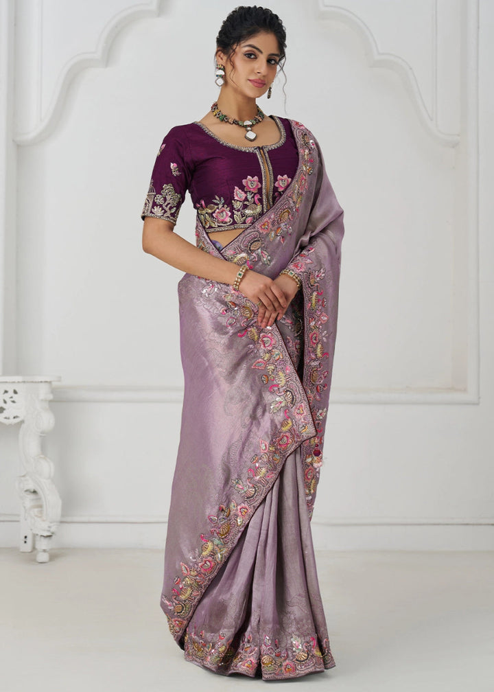 Lilac Purple Embroidered Viscose Dola Silk Saree With Sequin And Multi Thread Accents - House of Sarvati LLC
